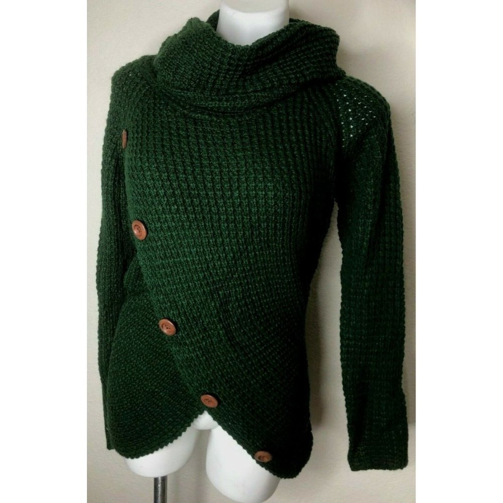 Women's Chunky Button Turtle Cowl Neck Asymmetric